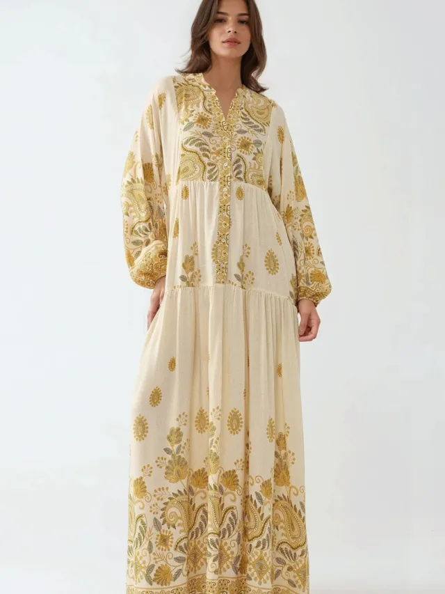 Hiccup Geprinte Maxi Jurk met V-hals en Knoopdetails Geel