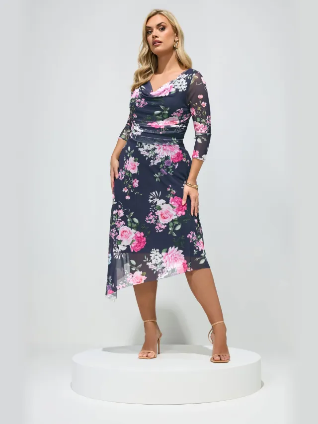 Yours London Marineblauwe Asymmetrische Jurk Met Bloemenprint Blue