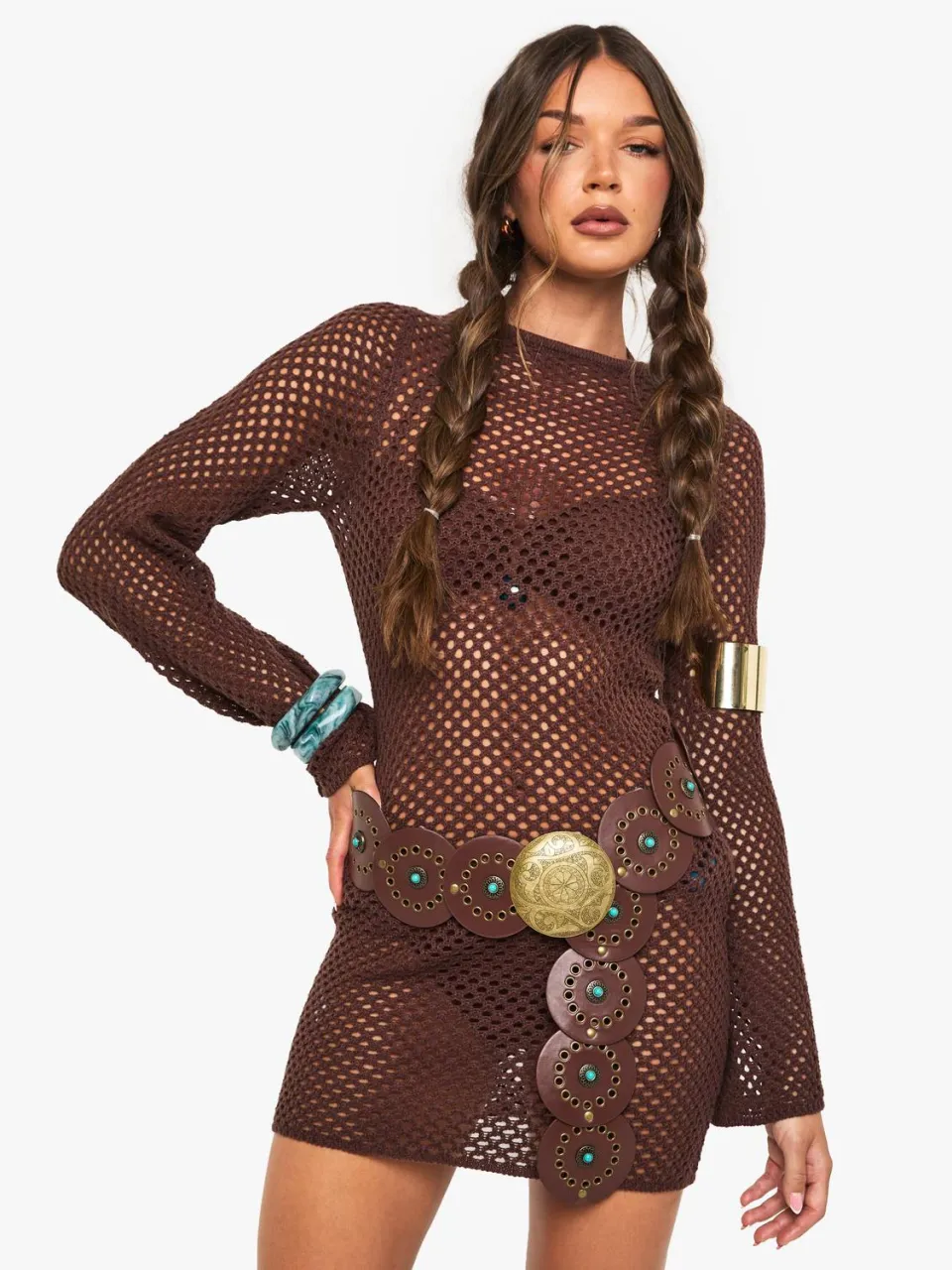 boohoo Dames Gehaakte mini-jurk met uitlopende mouwen chocoladebruin, foto 4