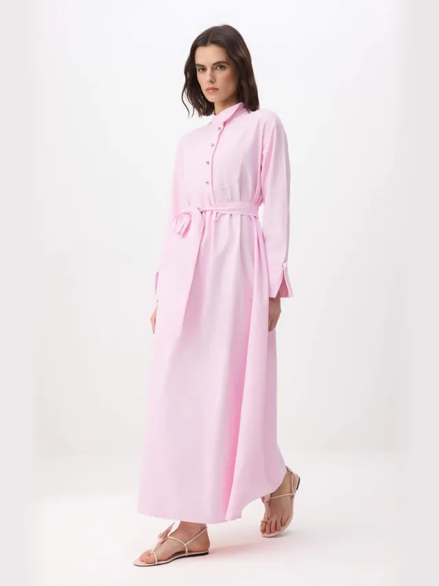 Turkishsouq Roze platte maxi-jurk voor dames, lange A-lijn model, geschikt voor hijab