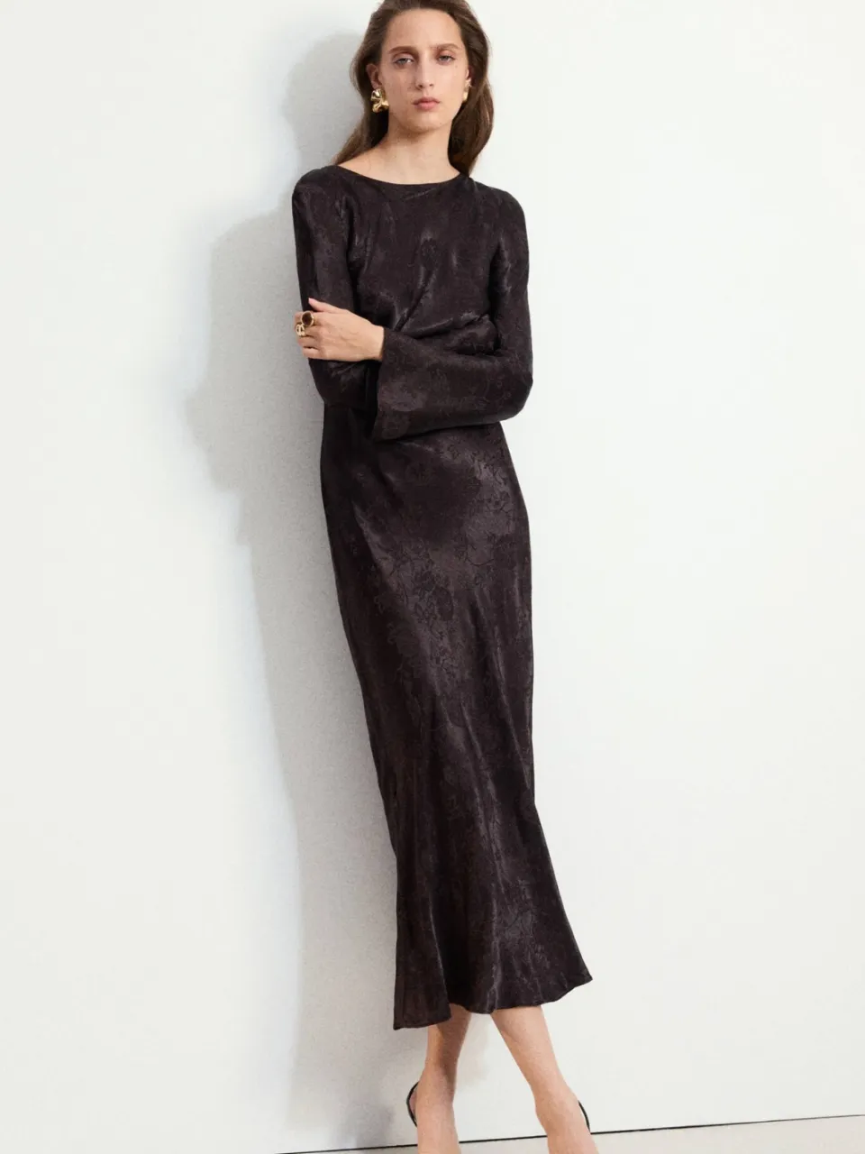 Mango jacquard midi jurk - bruin