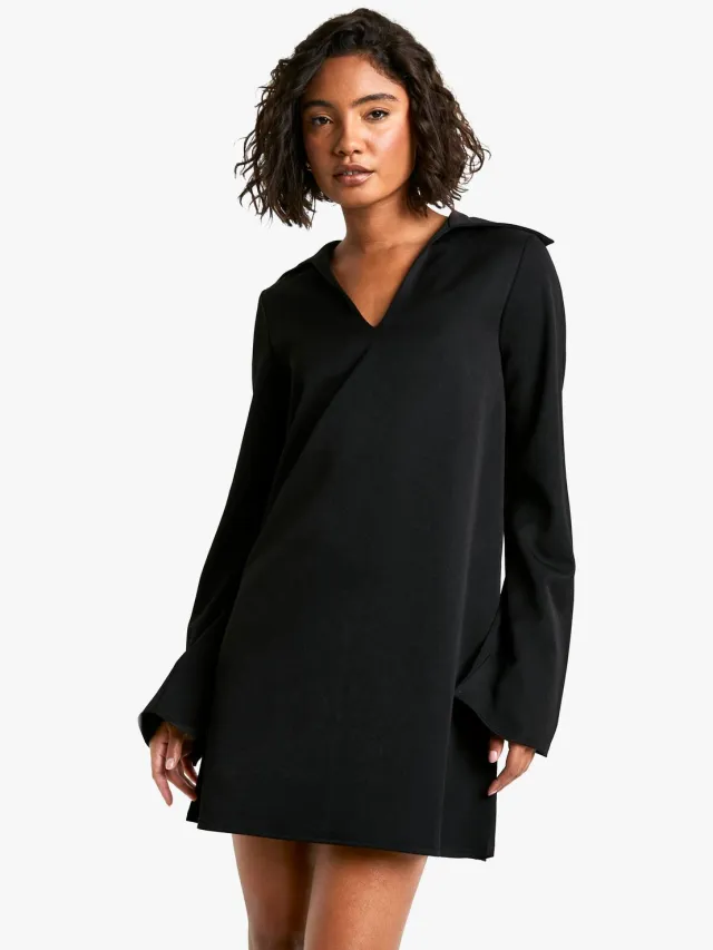 boohoo Dames Hoge kraagdetail geweven getailleerde shiftjurk Zwart