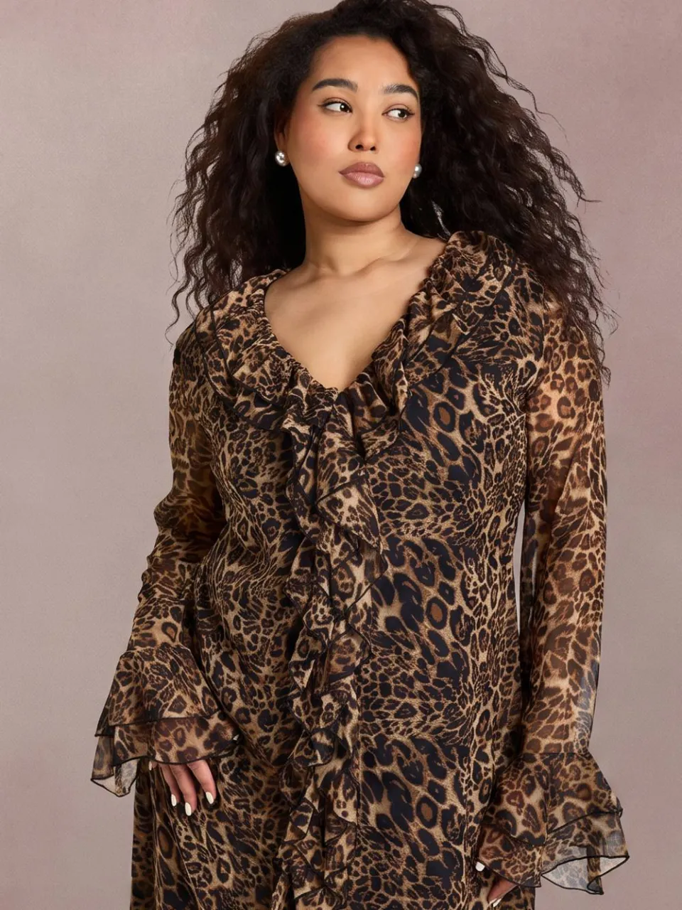 boohoo Dames Plus Chiffon Luipaard Ruffle Midaxi Jurk luipaardprint, foto 4