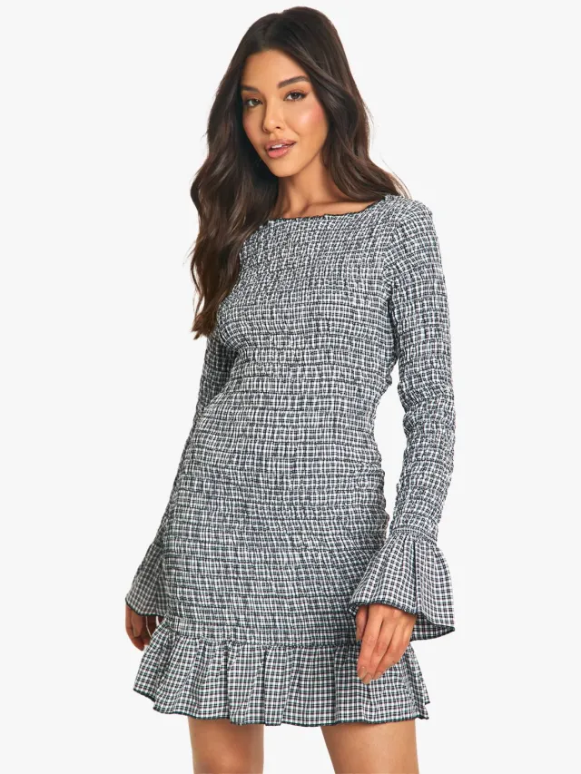 boohoo Dames Check Shirred Langarm Mini Jurk Zwart