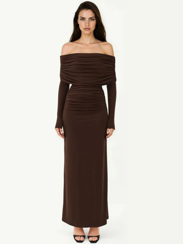 Hiccup Off-Shoulder Bodycon Maxi Jurk Mokka