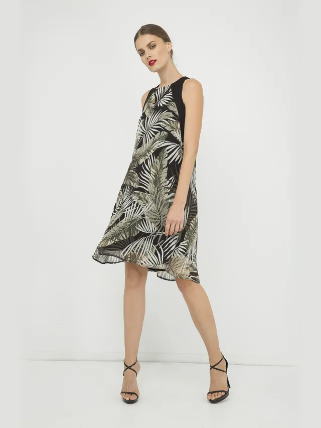Conquista Mouwloze chiffon jurk met a-lijn print Zwart