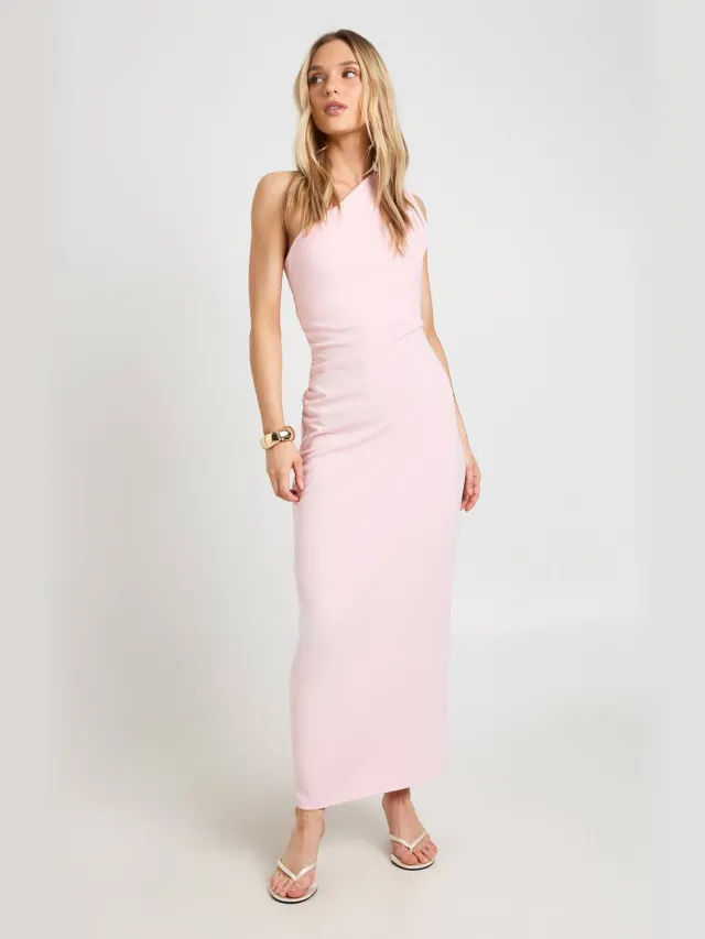 boohoo Dames Petite Jersey Crepe Midi-jurk Met Éen Schouder En Gerimpeld Detail Pastelroze