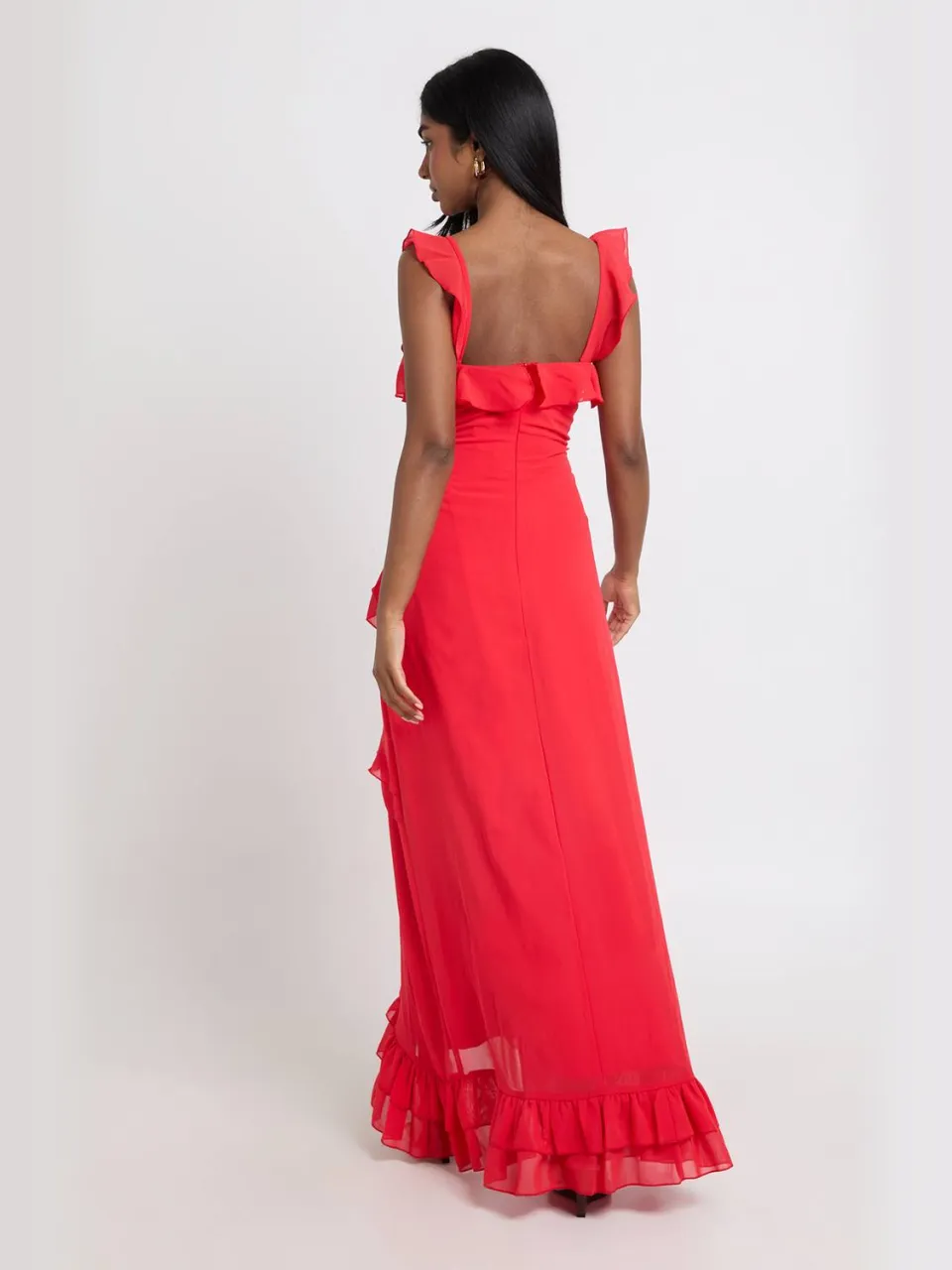 boohoo Dames Chiffon Gelaagde Ruches Maxi Jurk rood, foto 2