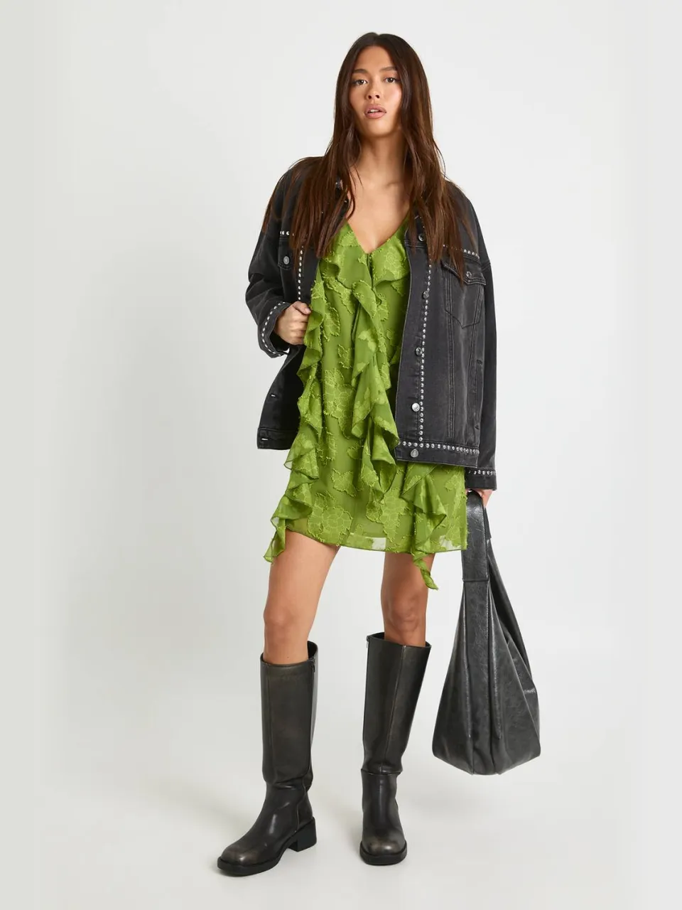 boohoo Dames Burnout bloemenjurk in shiftstijl met ruches Olijf