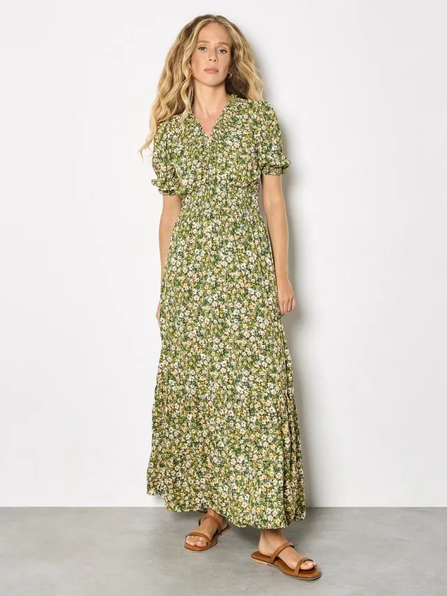 Apricot Maxi-jurk met gelaagde rok en kleine bloemenprint Groen