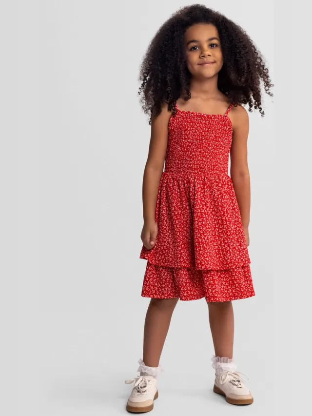 Minoti jurk meisjes bloemenprint rood - mouwloze zomerjurk
