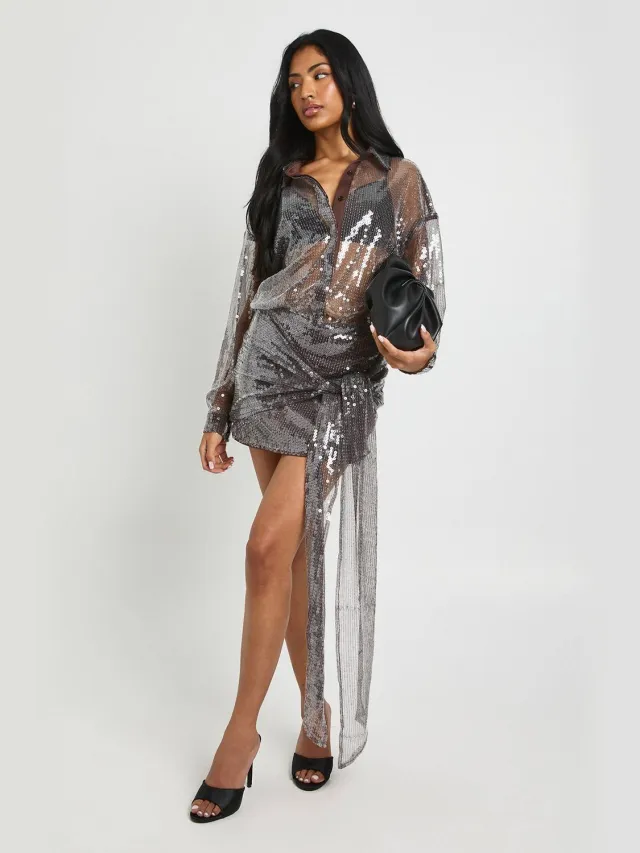 boohoo Dames Transparante pailletten gedrapeerde mini-shirtjurk Chocoladebruin