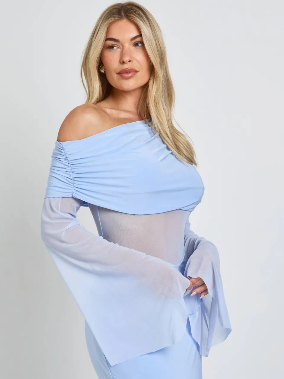 boohoo Dames Mesh Maxi Jurk Met Omgevouwen Detail En Éen Mouw babyblauw, foto 4