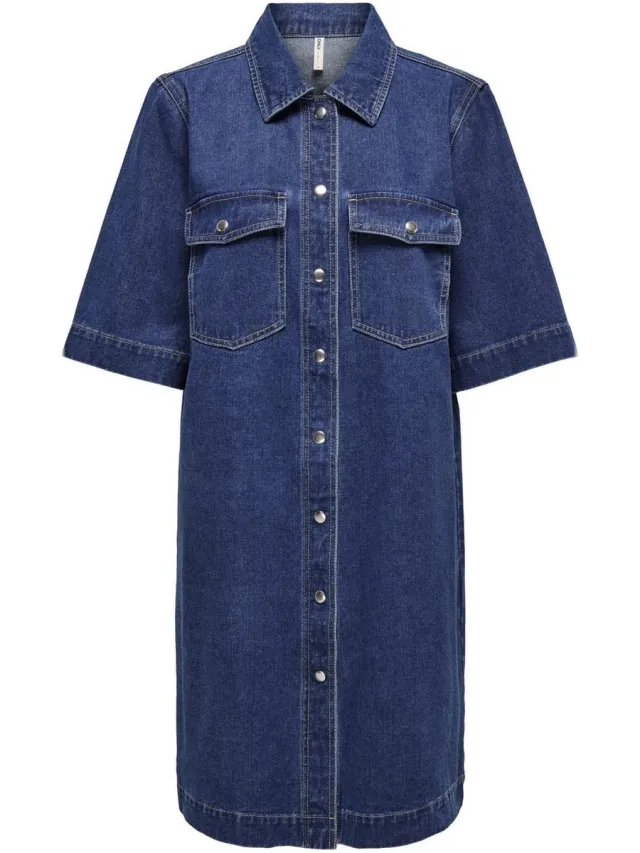 Only ONLBELLE S/S BUTTON DRESS DNM GUA NOOS Dames Jurk - Dark Blue Denim