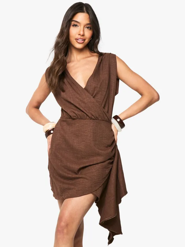 boohoo Dames Linnen Look Wrap Mini Jurk Chocoladebruin