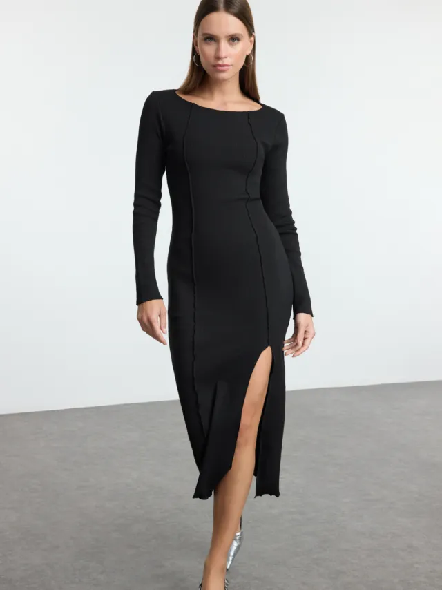 Trendyol TRENDYOLMİLLA Dames Zwart Effen Midi Lang Casual Bodycon Jurken