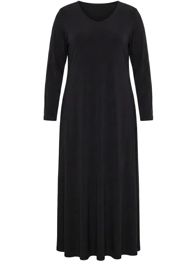 Ulla Popken Dames - Maxi-jurk schouderinzetstukken V-hals lange mouwen - Zwart - Maat 42+