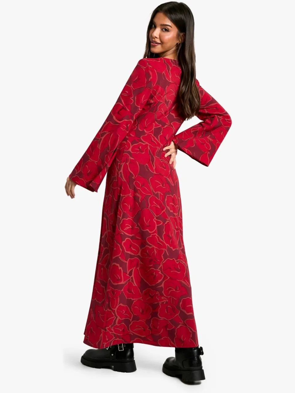 boohoo Dames Floral Flare Sleeve Maxi Dress wijn, foto 2