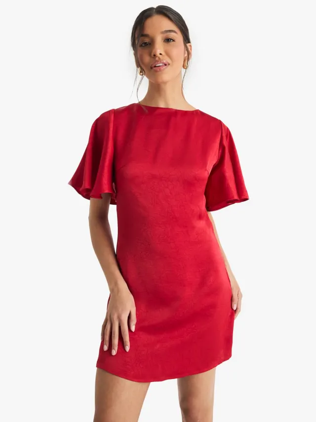 boohoo Dames Minijurk met strikdetail aan de achterkant en engelachtige mouwen Rood