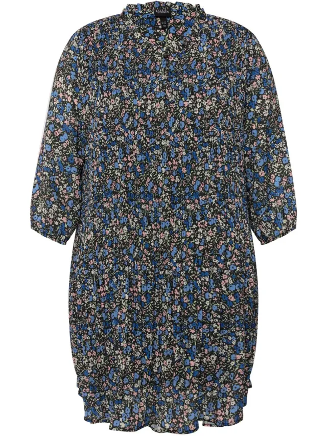 Ulla Popken Dames - Geplooide mini-jurk bloemen volants opstaande kraag - Marine - Maat 50+