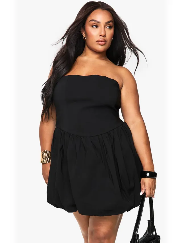 boohoo Dames Plus bandeau puffball minijurk Zwart