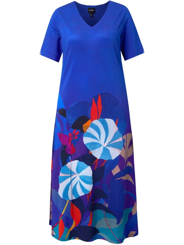 Ulla Popken Dames - Midi-jurk bloemen V-hals korte mouwen slinky-piqué - Kobaltblauw - Maat 58+