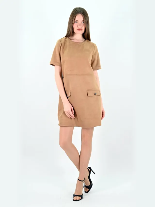 YESMOOI Camel Kleur Faux Suède Jurk met Zakken - L (40)