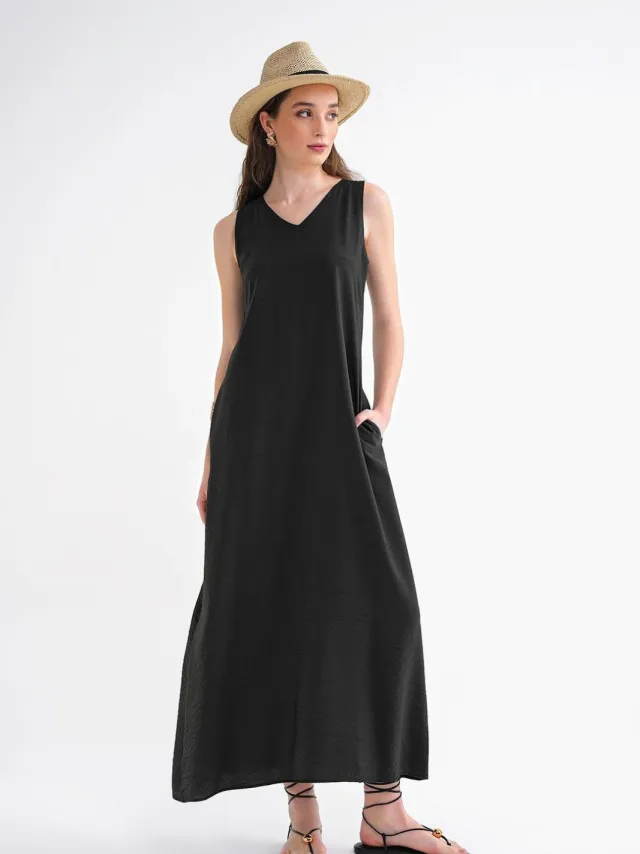 Mixray V-hals Mouwloze Maxi Jurk met Zakken Zwart