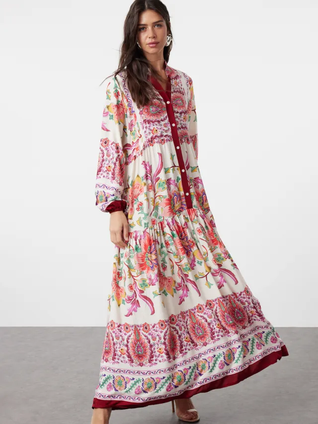 Trendyol Modest Dames Bordeaux Etnisch patroon Maxi Lang Casual A-lijn Modest Jurken Bordeauxrood