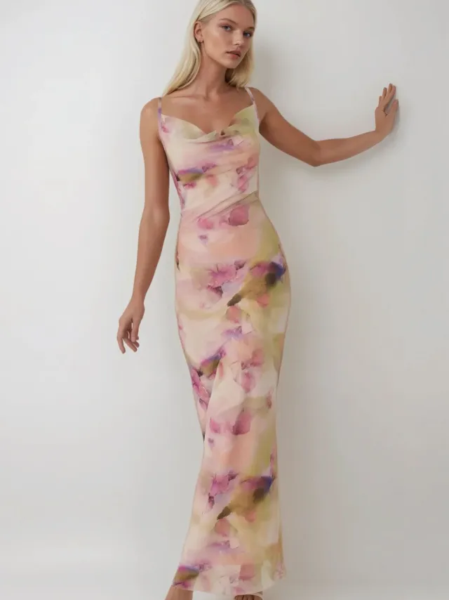 Hiccup Geprinte Bodycon Maxi Tulle Jurk Veelkleurig