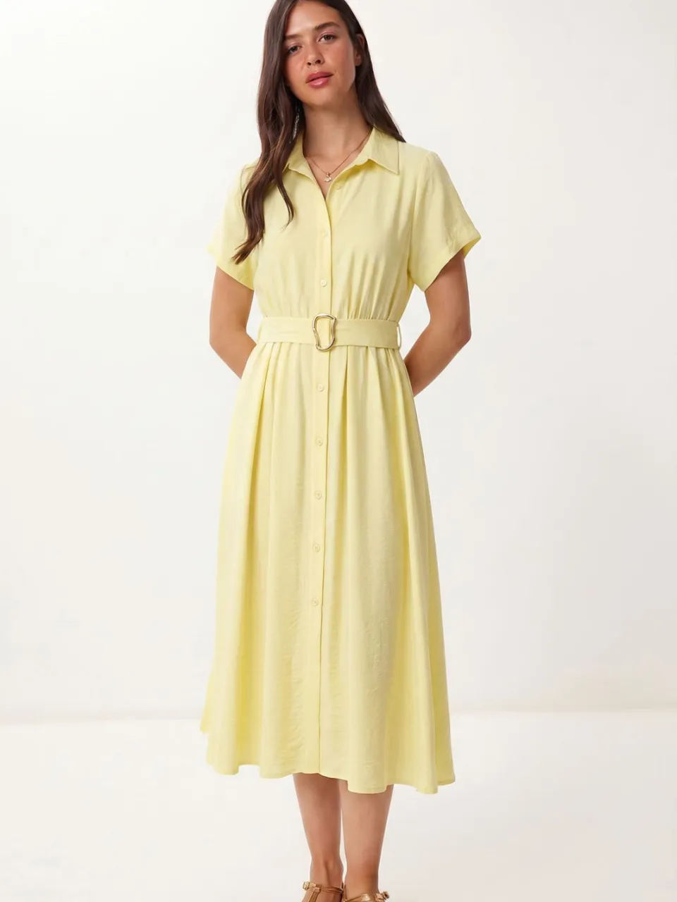 Happiness Istanbul Gestrikte Poplin Blouse Midi Jurk geel, foto 2