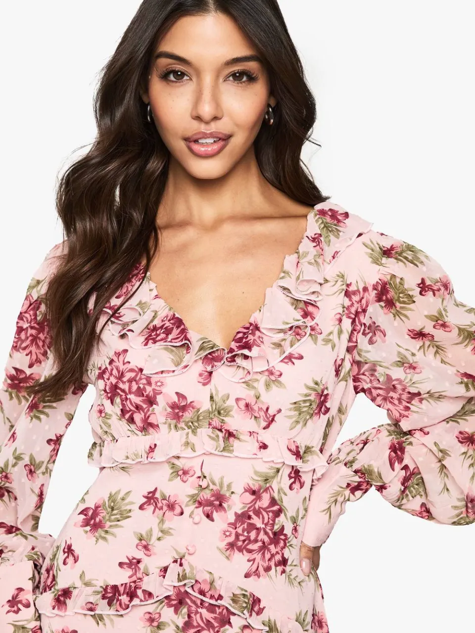boohoo Dames Floral Chiffon Ruffle Mini Jurk roze, foto 3