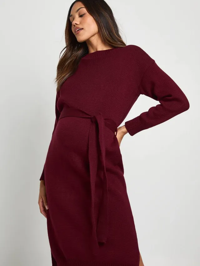 boohoo Dames Zwangerschaps trui met ronde hals midi jurk Bordeaux Rood