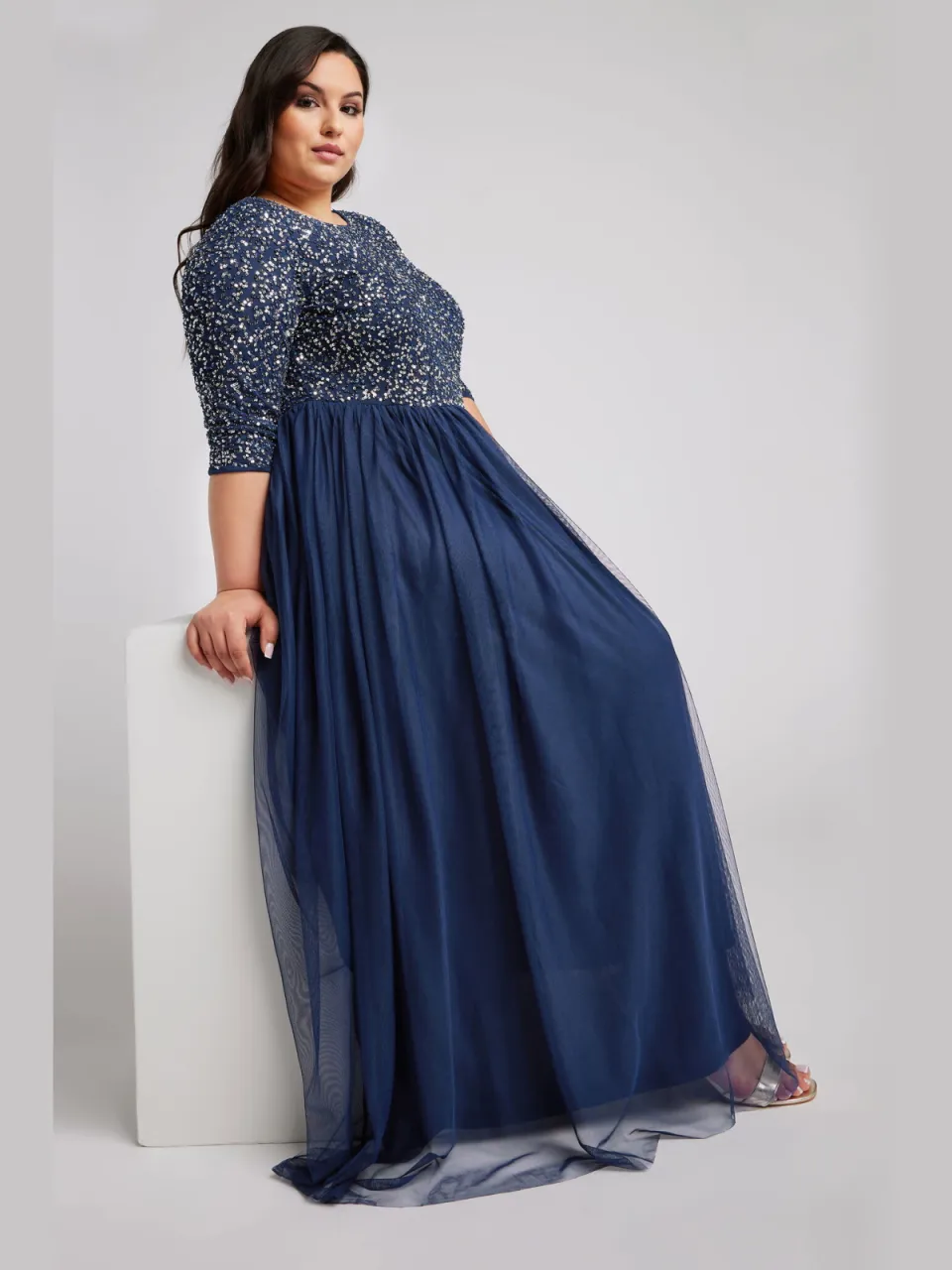 Luxe: Ultimate Embellishment Luxe Maxijurk Met Lovertjes In Donkerblauwsize 46 blauw, foto 4