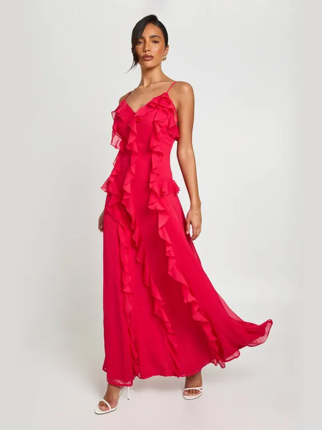 boohoo Dames Chiffon Maxi Jurk Met Ruffle Detail Framboos