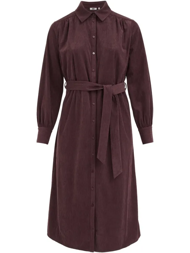 WE Fashion Dames midi corduroy jurk met ceintuur - Curve Aubergine