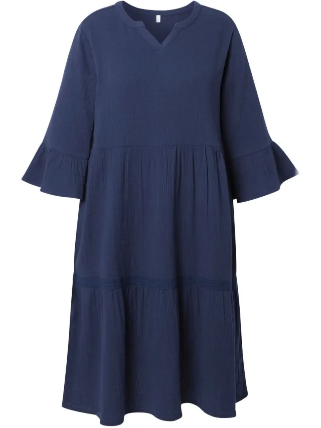 Ulla Popken Dames - Mousseline midi-jurk A-lijn tuniekhals 3/4-mouwen - Marine - Maat 58+