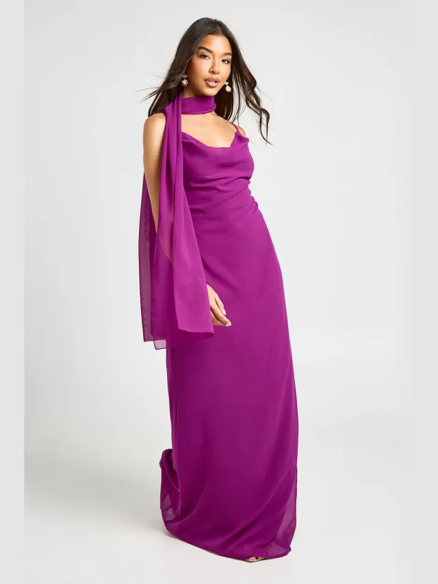 boohoo Dames Chiffon Maxi Jurk Met Watervalhals En Sjaal Paars