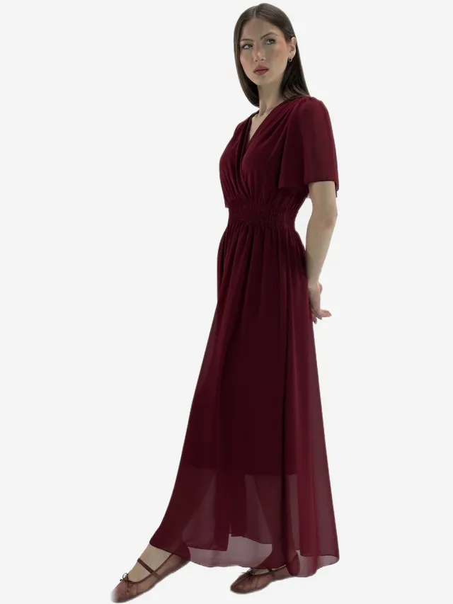 Elara Zomerse maxi-jurk met V-hals Wijnrood