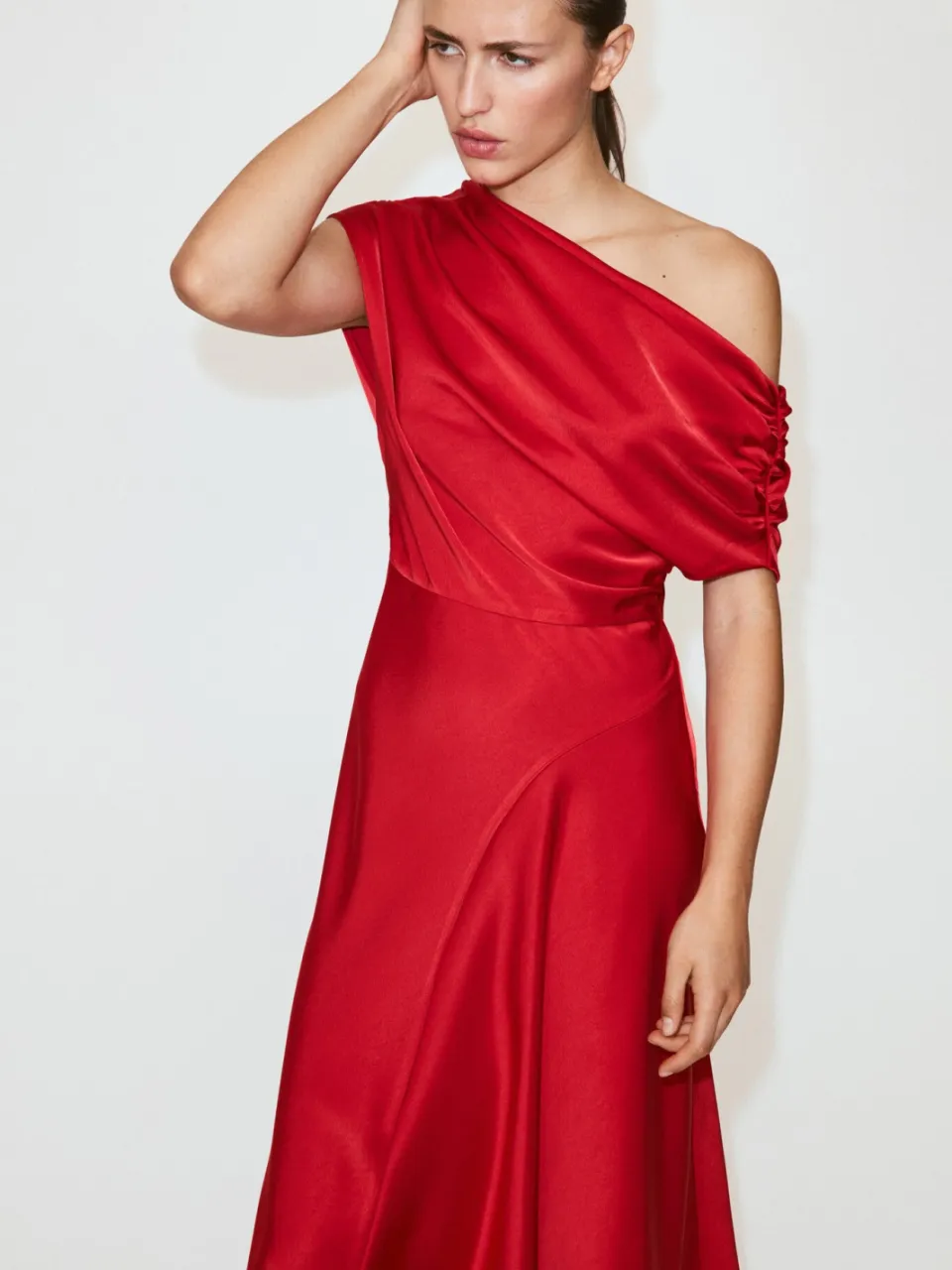 Mango one shoulder midi jurk - rood, foto 5