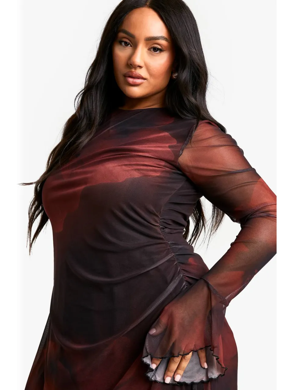 boohoo Dames Plus Blurred Floral Shiftjurk met Uitlopende Mouwen bordeaux rood, foto 4