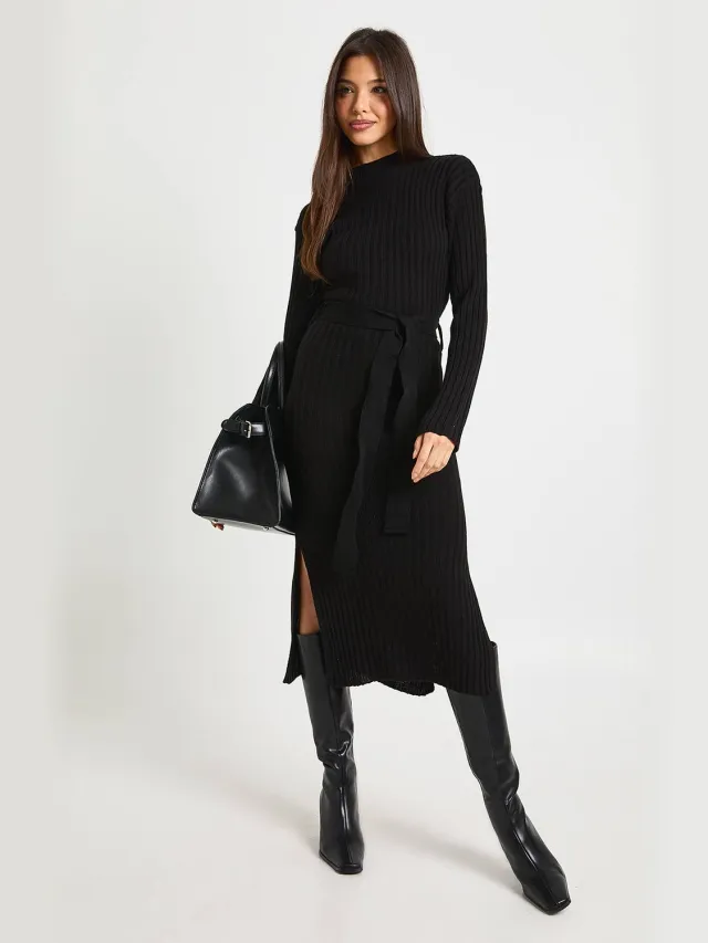 boohoo Dames Rib Knit Tie Waist Midaxi Jurk Zwart