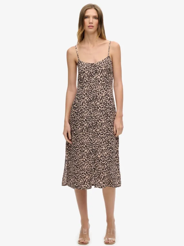 Superdry Cami midi-jurk met knoopsluiting en print - Dames - Jurken Pink Animal Print