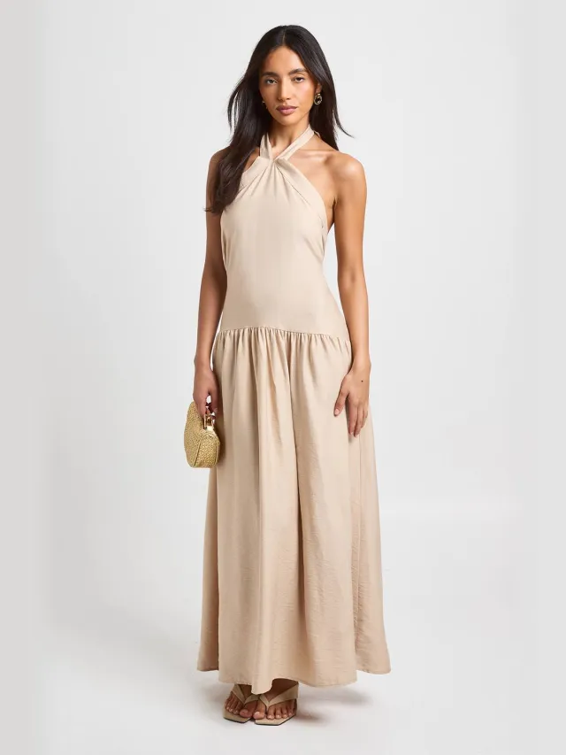 boohoo Dames Getextureerde Geweven Maxi-jurk Met Gekruiste Halternek Steen