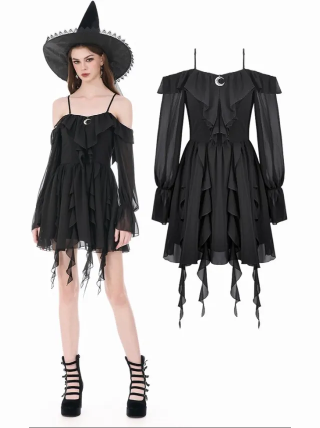 Dark In Love Chiffon OfftheShoulder with Crescent Moon Charm and Layered Ruffle Hem Korte jurk - M - Zwart