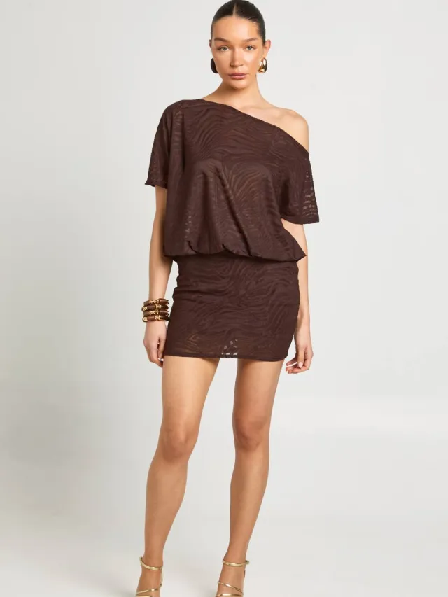 boohoo Dames Burnout Zebra Asymmetrische Hals Blouson Top Jurk Chocoladebruin