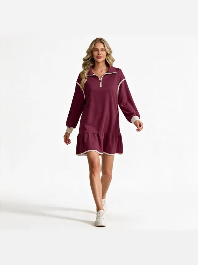 Imily Bela Dames Sportieve Mini Jurk met Ritshals en Lange Mouwen Bordeauxrood