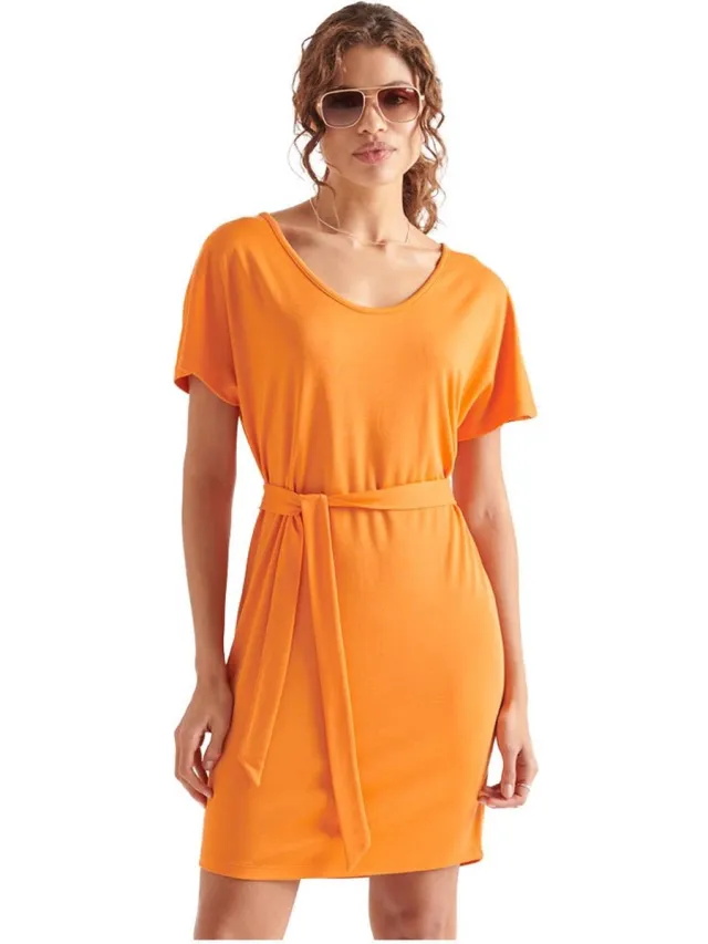 Superdry The Waist Mini Korte Mouwen Korte Jurk Oranje S Vrouw Cosmos