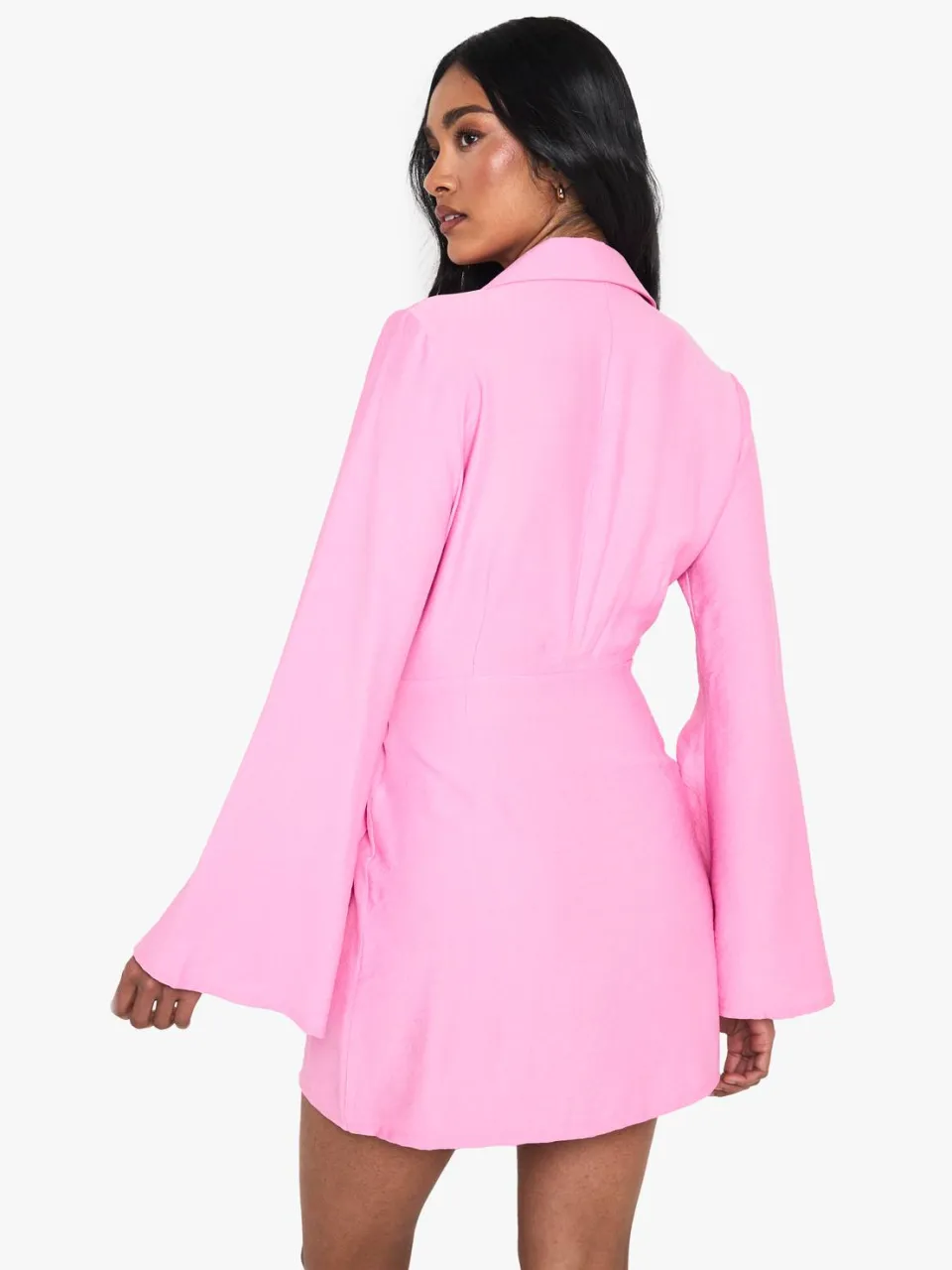 boohoo Dames Linnenlook gespelde detail, gebonden taille, getailleerde blazerjurk roze, foto 2