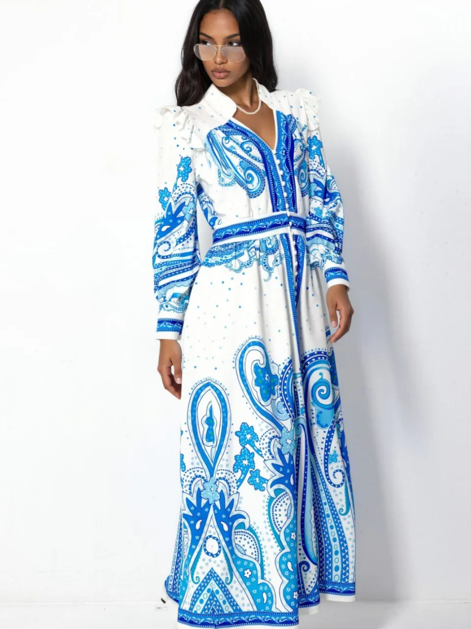 MSN Collection V-hals Paisley Maxi Jurk met Split blauw, foto 2